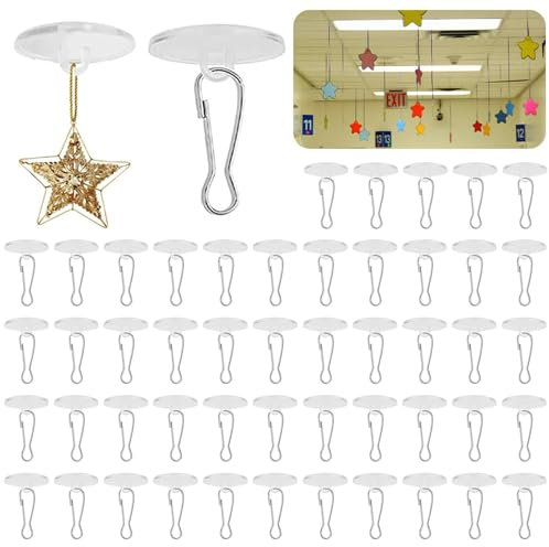 CHENNAN 50 Piezas Gancho Adhesivo Techo Transparente Plástico Mini Ganchos, Ganchos de techo autoadhesivos con clips, Transparentes ganchos de montaje en techo, para Cocina Baño Techo (50pcs)