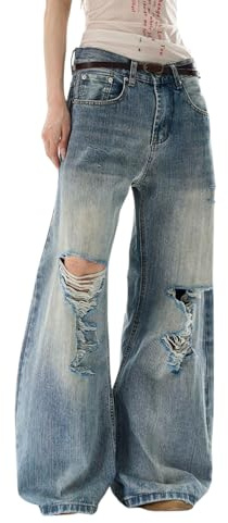 Lafaguw Baggy Jeans for Woman Men High Waisted Wide Leg Pants Y2K Grunge Streetwear Summer Emo Clothes, Blue8, Large