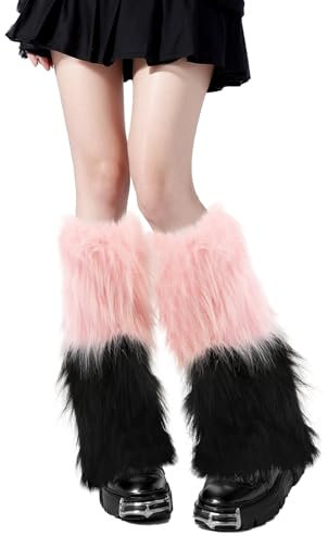 XEPST Damen Kunstpelz Beinwärmer Plüsch Beinwärmer, Mädchen Furry Fuzzy Beinwärmer Winter Stulpen Damen für Winterwärmer Karneval Halloween Fasching Mottoparty Verkleidung, Rosa+ Schwarz