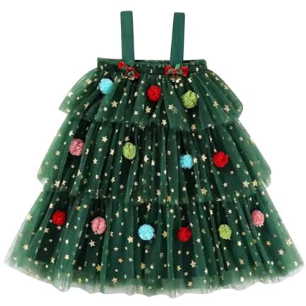 Alvivi Bambina Albero Di Natale Vestito Natalizio Bambina Gonna Tulle Stampa A Stelle Costume Da Pallina Di Natale Bambina Christmas Fancy Dress Verde 18-24 mesi