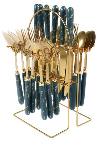 Juego de cubiertos de acero inoxidable de 24 piezas con soporte para colgar, servicio para 6 utensilios, juego de vajilla pulida con espejo, tenedores, cuchillos, cucharas, para cocina en casa (verde)