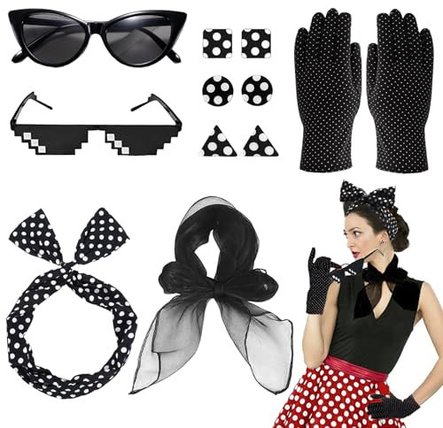 CWENDANER Damen 8-teiliges Rockabilly Accessoires Set, 50er Jahre Outfit, Vintage Zubehör mit Chiffon Schal, Polka Dot Stirnband, Katzenauge Brille, Mosaik Brille, Unisex