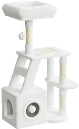 Dogat Cat Tree, 107cm Cat Scratching Post for Indoor Cats, Multi-Level Stable Cats Tower with Scratching Post and Perches, 2 Plush Toy Balls, 1 Cave, for Kitten Climbing, Playing (White)