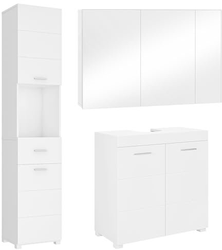 FOREHILL Badezimmermöbel Komplett Set weiß, 3 Teile, großer Spiegelschrank, Waschbeckenunterschrank, Badezimmer Hochschrank