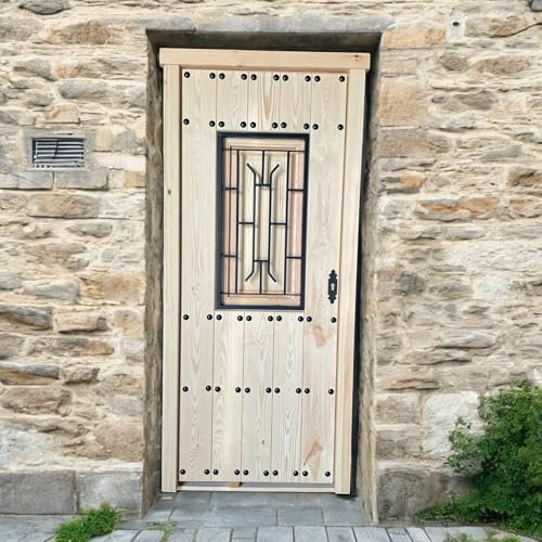 Puerta Exterior de Madera Modelo Coy, Medida210cm X 92cm, Puerta rústica con clavos, Puerta de madera con ventana, Puerta rústica con rejón (APERTURA A DERECHAS)