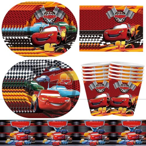 Car Stoviglie Feste di Compleanno, 51 Pcs Auto da Corsa Compleanno Stoviglie Forniture - Piatti Tazze Tovagliolo Tablecloth, Cartoon Decorazione per Feste a Tema per Bambin (10 Ospiti)