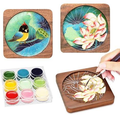 Cloisonne Holz-Untersetzer-Set, Lotus-Design, Kunst und Handwerk, Filigrane Emaille-Untersetzer, DIY, handwerkliche Aktivitäten für Erwachsene, Heimdekoration, Stressabbau, Geschenke für Frauen und