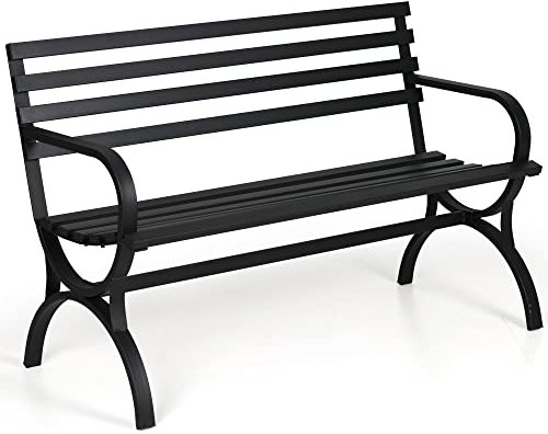 PHI VILLA Gartenbank Metall Wetterfest 124 cm, Outdoor Gartenstuhl Sitzbank Parkbank für 2-3 Sitzer mit Rückenlehne Armlehne für Garten, Balkon und Veranda, Schwarz