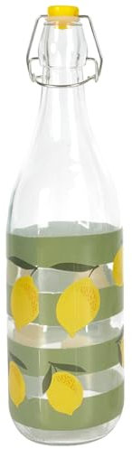 Bouteille d'eau en verre de 1 litre - Réutilisable - Imprimé citron et rayures vertes - Avec bouchon à étrier jaune - Bouteille pour eau, limonade, jus - Design été - Sans BPA