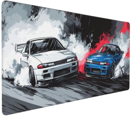 Gaming Mauspad XXL,1200x600x3mm Mousepad Groß,Schreibtischunterlage mit Wasserdicht Rutschfester Gummibasis,Desk Mat für Tastatur,Laptop Verbessert Präzision und Geschwindigkei Weiß-blaues Auto J-5306