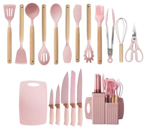 Küchenmesser Set,19 Stück Küchen Kochutensilien Set,Silikon Küchenutensilien mit 5 Teiligs Messersets und 1 Schere,Antihaft Kochset Küchenutensilien,Spülmaschinenfest (Rosa)