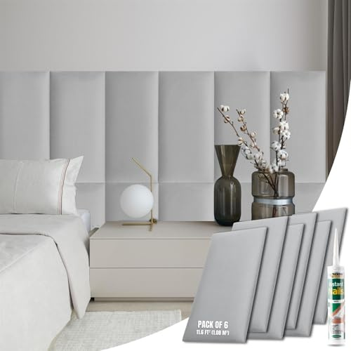 NOVECRAFTO Velvet Padded Wall Panels Set of 6 - Grey Upholstered Anti-Collision Panels with Adhesive - H23.6 x W11.8 (60x30cm) Cushioned Paneling for Beds, Kids Room, Hallways & Feature Walls