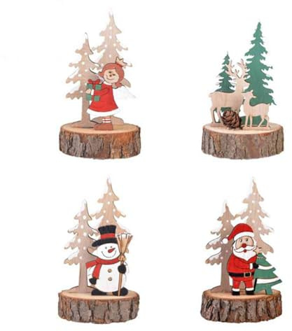Flaroey 4PCS Desktop Wooden Christmas Tree Santa ClausSnowman Angel Decoration Wood Signs Plaque for New Year Kids Gift