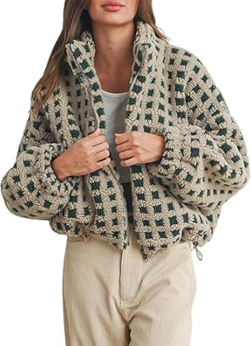 Caziffer Manteaux Femme en Polaire Manteau Épais Manches Longues à Carreaux Veste Polaire Chaude Col Montant Décontracté avec Fermeture Éclair pour Femmes Hiver