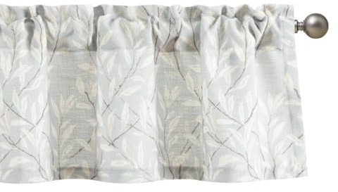 VOGOL Grey Leaves Kitchen Valance for Windows, 132x36 cm, 1 Panel | Rod Pocket Easy to Hang, Linen Textured Soft Touch, Light Filtering Farmhouse Cafe Curtains, for Kitchen Bedroom Living Room