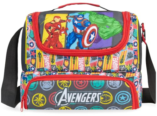 Get Trend Marvel Avengers Isolierte Lunchtasche Kinder, Lunch Bag für Brotdose mit 2 Fächern, Henkel, Verstellbarem Schultergurt, Kühltasche für Schule Picknick, Geschenke für Kinder (Multi Avengers)