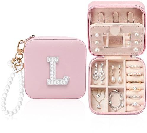 Schmuckkästchen Reise, Schmuckschatulle Klein Reise für Damen Mädchen, Personalisierte Perle Initiale Schmuckkästchen, Schmuck-Organizers mit Spiegel, Geschenk zum Muttertag, Frauengeburtstag (L)