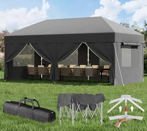 Devoko Belüftetes Netzfenster Faltpavillon, Pavillon 3x6 wasserdicht stabil Winterfest, Pop up Pavillon mit Seitenwänden, UV Schutz 50+, Partyzelt für Gärten, Innenhöfe, Camping. Dunkelgrau