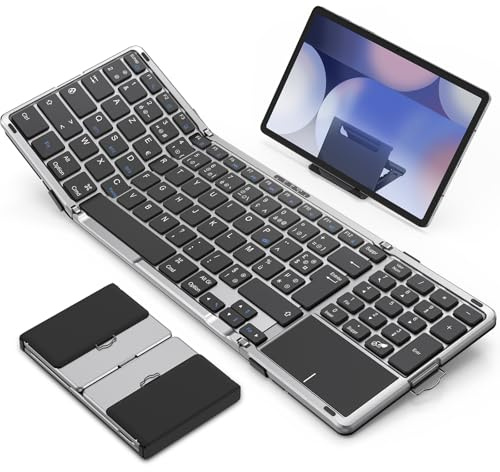 OMOTON Teclado Bluetooth Plegable AZERTY TouchPad & Digital Portátil | Tamaño completo, recargable, 3 dispositivos Bluetooth, soporte integrado, compatible con PC Tableta iPad Windows Mac Android