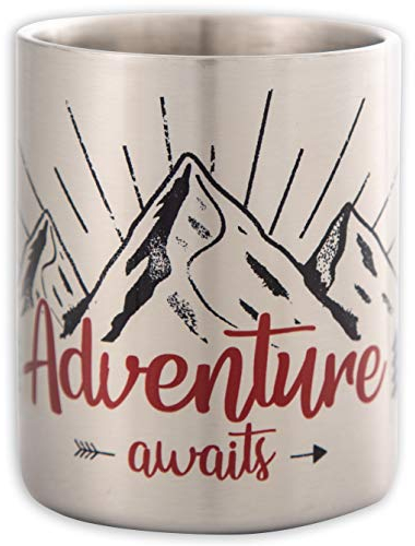 MUGSY Edelstahltasse, Adventure Awaits Berg-Motiv & Spruch, 280ml, robuster Edelstahl Campingbecher