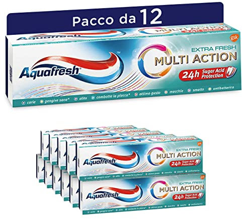 Aquafresh Dentifricio Multi Action, Protezione Carie, Gengive Sane, Alito Fresco, Smalto Forte, Contro Placca e Macchie, Extra Fresh Pacco da 12x75ml