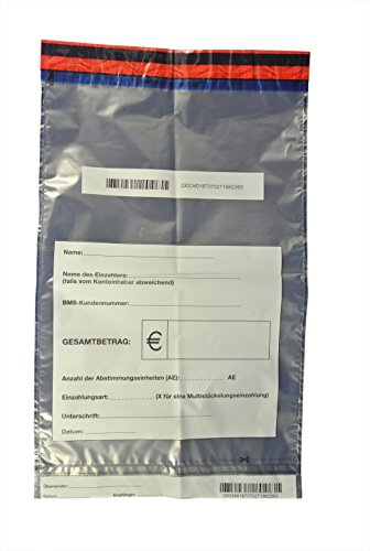 100 x Sicherheitstaschen: ca.: 295 x 465 + 30 mm Bon, Druck:  Name, Name des Einzahlers, BMS, Gesamtbetrag 