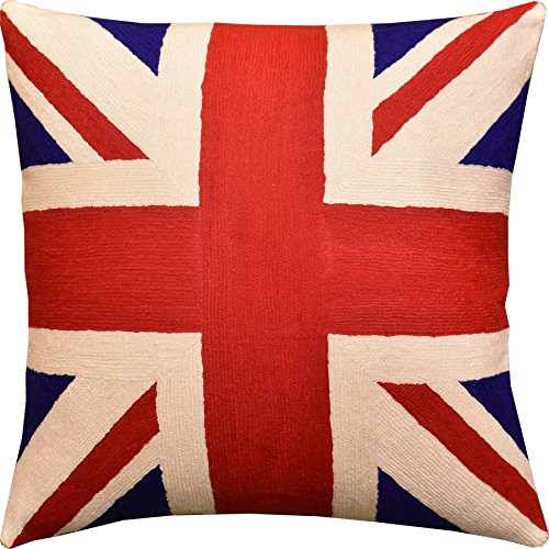 Kashmir Designs Kissenbezug mit britischer Flagge, Union Jack-Kissen, rot-blaue, patriotische Kissen, Geschenk für Präsidenten, rotes Outdoor-Kissen, handbestickte Wolle, Größe 45.7x45.7 cm