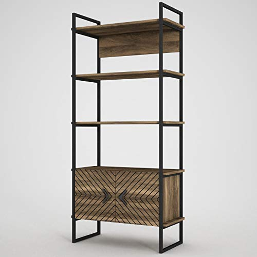 4203 Scala Bücherregal Raumteiler Aufbewahrungsregal Standregal modern, 5 Ablagefächer mit Türen, Walnuss,Holz und Metall, 82 x 180 x 35 cm