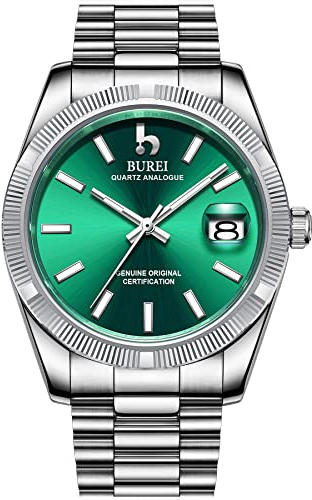 BUREI Herren Uhren Analoge Quarzuhr Grünes Zifferblatt Datumsanzeige Silber Edelstahlband Watch for Men