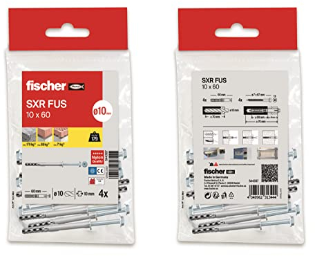 fischer - Tacos y tornillos largos de nylon SXR 8X60, tacos fischer pared hormigón, Bolsa 16 uds