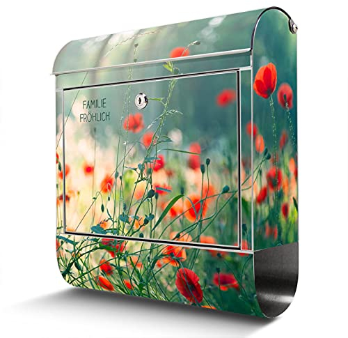 banjado® Briefkasten Edelstahl personalisiert mit Motiv Waldmohn 38x43x12cm & 2 Schlüssel - rostfreier Edelstahl Briefkasten mit Zeitungsfach - Postkasten A4 Einwurf inkl. Montagematerial