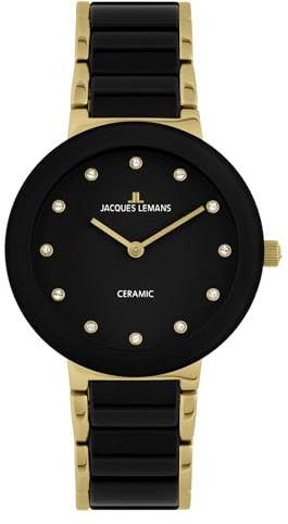JACQUES LEMANS Damenuhr Monaco Massiv Edelstahl/High-Tech-Ceramic massiv Edelstahl ip-Gold Swarovskisteine 42-7K