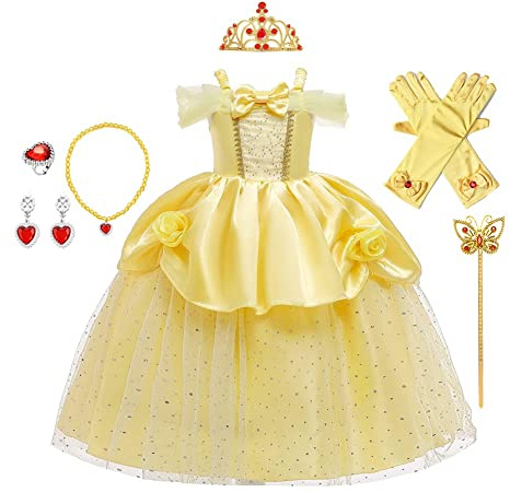 HIHCBF La Bella e La Bestia Costumi di Carnevale Ragazze Vestito da Principessa Belle per Compleanno Natale Festa Halloween Cosplay Cerimonia con Accessori 5-6 anni