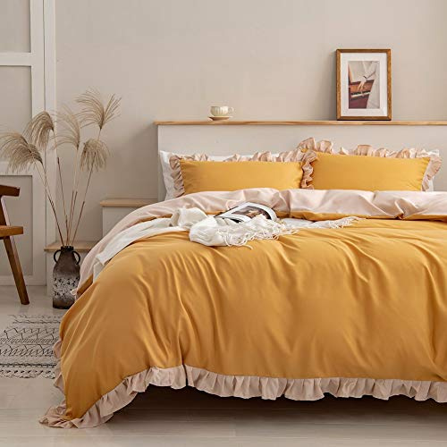 Loussiesd Ruffle Bedding Set, Super Soft Luxury Yellow Washed Microfiber 2pcs Comforter Cover Set, Shabby Chic Farmhouse Duvet Cover and Pillow Shams, Zipper Closure & Corner Ties, Easy Care King