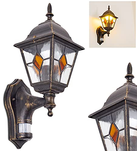 Außenwandleuchte Antibes m. Bewegungsmelder, Wandlampe aus Aluguß in Braun/Gold m. Klarglas-Scheiben, Wandleuchte für Terrasse/Hof m. E27-Fassung im Antik Look, ohne Leuchtmittel
