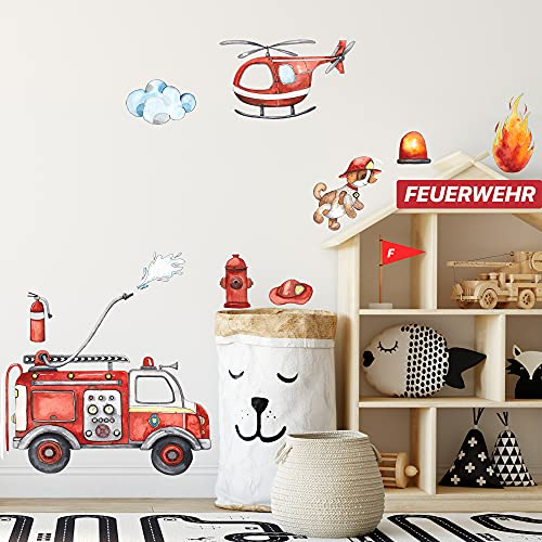 WANDKIND Feuerwehr Wandtattoo Set V246 | handgezeichnet | AUFKLEBER Kindergarten | Wandsticker Kinderzimmer Deko Helikopter Hubschrauber Feuerwehrhund Fahrzeug Auto Feuerwehrauto (40 x 40 cm)