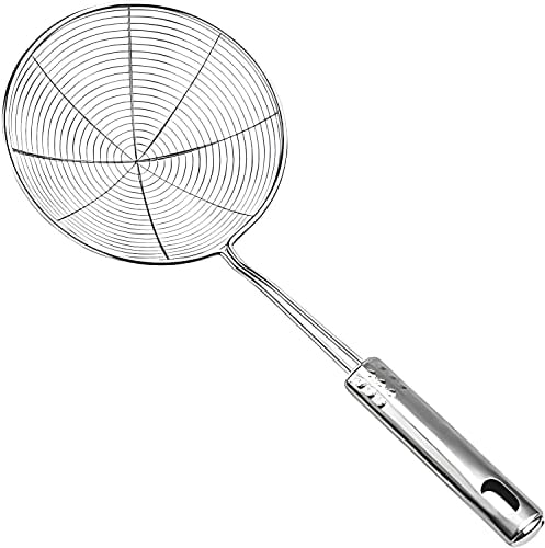 AEX Strainer Skimmer Ladle Stainless Steel Wire Skimmer Spoon | 7.2 inch | Ergonomic Handle and Spider Mesh Filter with Handle for Kitchen Frying Food, Pasta, Spaghetti, Noodle