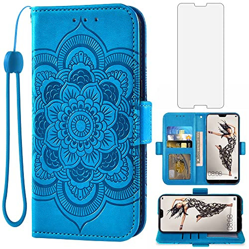 Asuwish Funda para Huawei P20 Pro con Cristal Templado Protector Pantalla Vidrio Pelicula Protectora Libro Cuero Piel Tarjetero Soporte Hawaii P 20 20Pro CLT-L29 CLT-L09 Tapa Carcasa Capa Case Azul