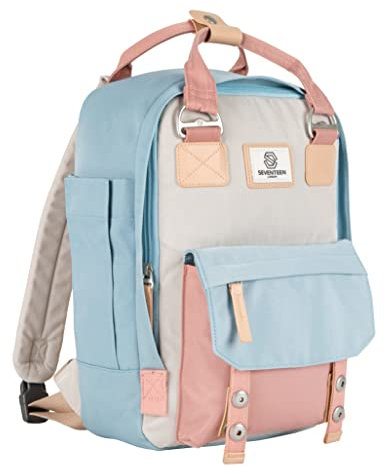 SEVENTEEN LONDON – Unisex ‘Camden’ Rucksack in cremefarbig, rosa, und hellblau mit einem modernen und verschieden tragbaren Design – perfekt für 13-Zoll-Laptops