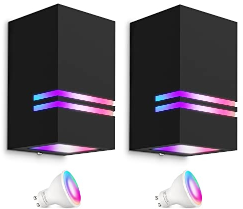 SSC-LUXon 2er Set JOVO-S Wandleuchte schwarz GU10 IP44 mit Smart WiFi RGB LED Birnen (steuerung per App & Sprache) - Außenwandleuchte 1-flammig