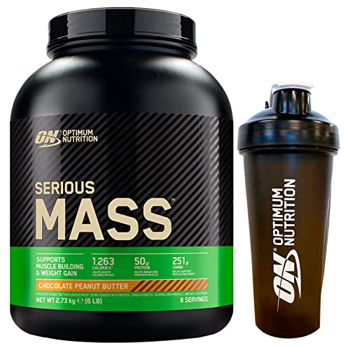 Optimum Nutrition Serious Mass Gainer Proteine Whey in Polvere per la Massa Muscolare con Creatina Glutammina e Vitamine Cioccolato Burro di Arachidi 2,73kg 8 Porzioni + Shaker