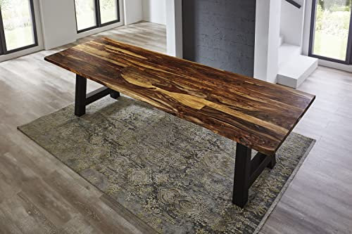 SAM Baumkantentisch 300x100cm Lotti, Sheesham-Holz shinafarben lackiert, Esstisch mit echter Baumkante, massiver Esszimmertisch mit A-Gestell Mattschwarz, Tischplatte 35mm