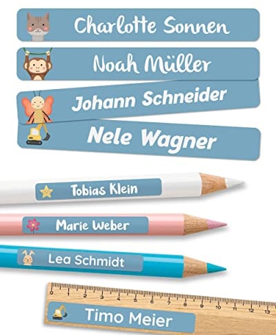 melu kids® Namensaufkleber Kinder für Schule & Kita (75 Stück) - Personalisierte Aufkleber mit Namen für Stifte und alle Schulsachen - Wasserfest in Spülmaschine (Blau)