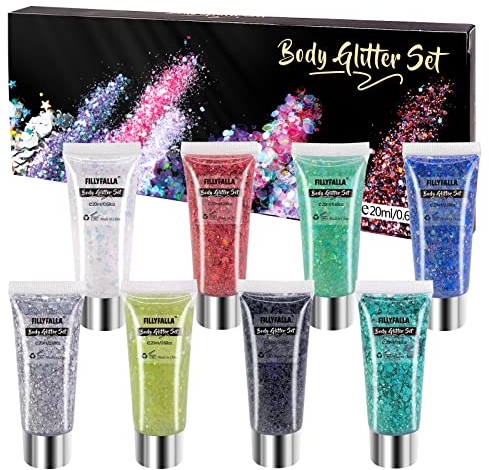 8 Farben Glitzer Gesicht Körper Glitter Gel Set,Gesicht Glitter Haar Lippe Glitter, Körper Glitter Gel Langanhaltende funkelnde Pailletten, Holographische Glitter Rave Zubehör Festival Bühne Make-up