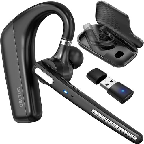 Ultralight Bluetooth Headset with Noise Cancelling Microphone, Bluetooth Earpiece with Charging Case, Auto Pair USB Dongle for PC/Laptop, Compatible with MS Teams, Zoom, Google Meet, and More - Black