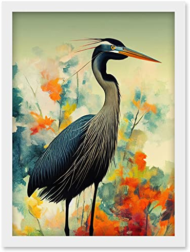 Wee Blue Coo Heron Bird in Abstract Flower Field Colourful Teal Orange Navy Illustration Artwork Framed Wall Art Print A4