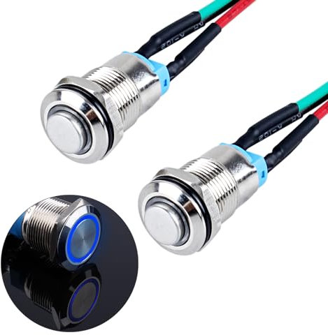 JIQI 2 × 12 mm 12 V fino a 24 V 2 A, interruttore automatico a scatto in metallo, interruttore on/off con spia LED IP66, 1NO Latching Button Switch (testa alta, blu)