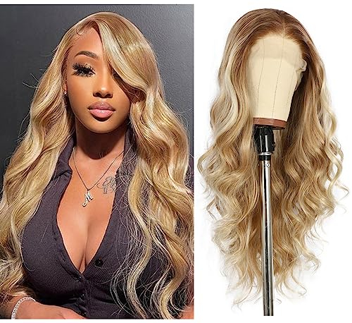 Sapphirewigs Blonde Perücke Lace Front Perücke Highlight Synthetische Wellige Balayage Haare Damen Party Date Täglich Tragen Natürlich aussehende Weihnachten 26inch