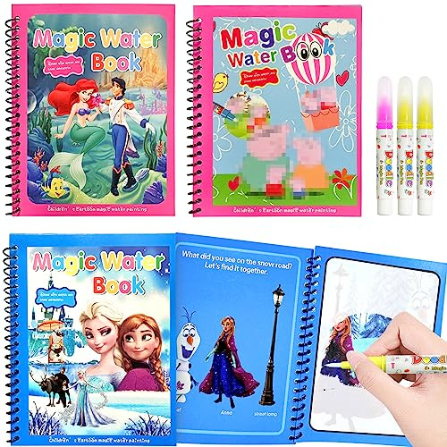 3 Pièces Livre de Coloriage d'eau,Livre Doodle Réutilisable et 3 Crayons,Magique de l'eau Coloriage,Livre de Peinture à l'eau de Griffonner,Livre de Dessin Doodle (Filles)