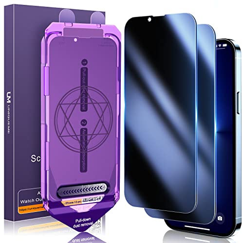 UniqueMe Protector de pantalla de privacidad para iPhone 13 Pro Max, 2 unidades, eliminación automática de polvo, instalación de alineación automática, vidrio templado, cobertura completa, protector
